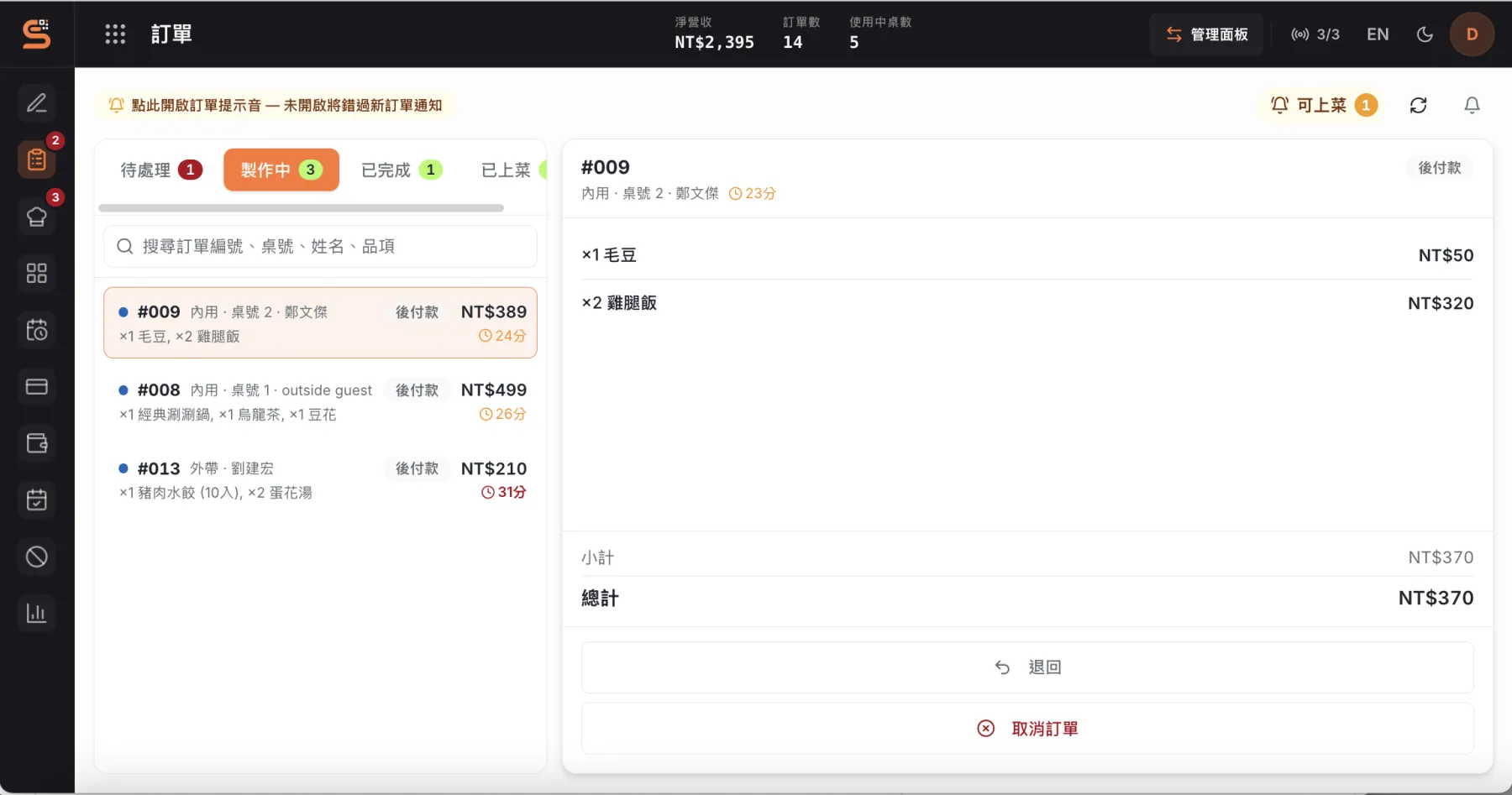 廚房螢幕顯示進行中訂單